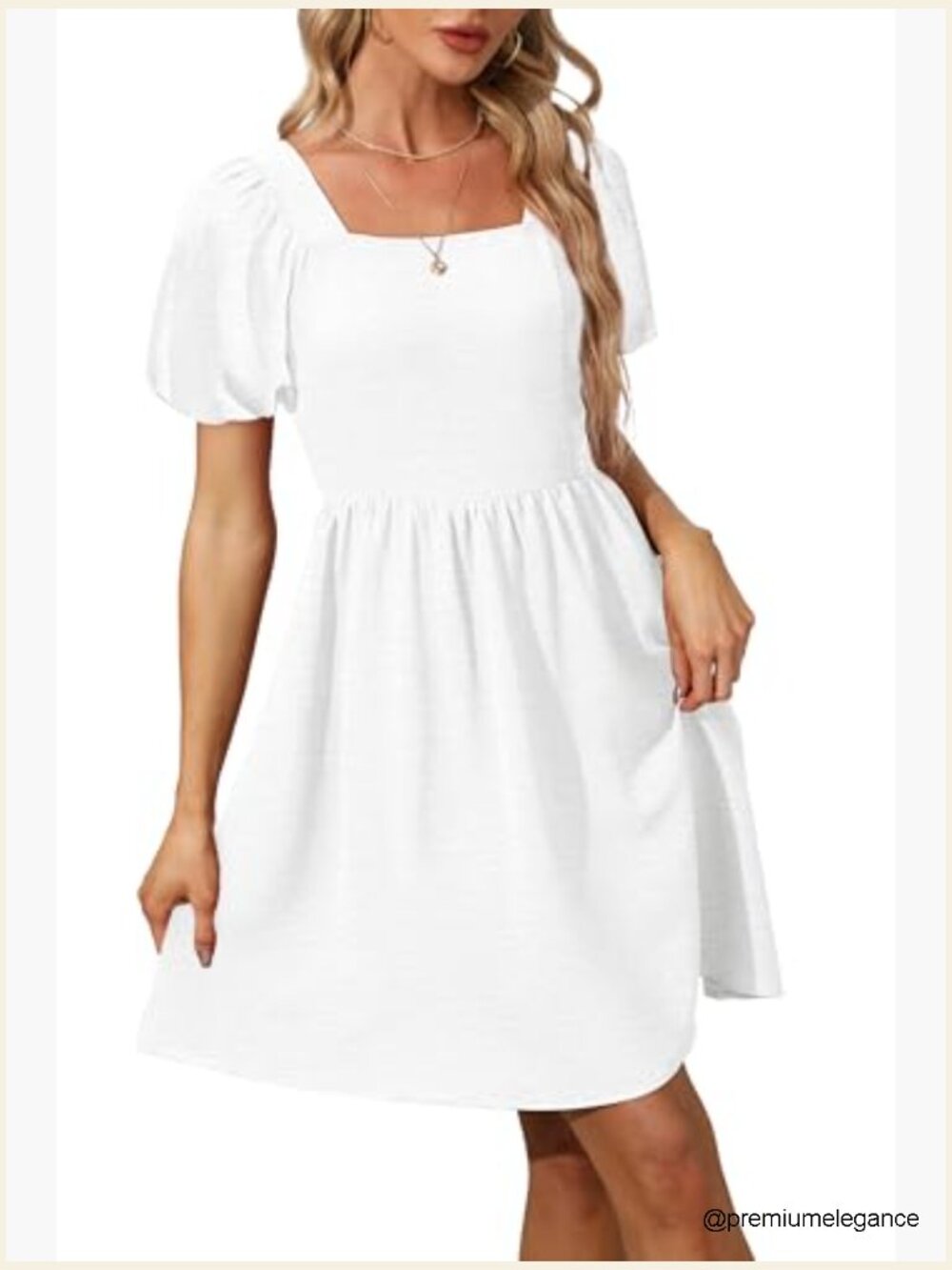 Puff Sleeve Square Neck Tie Back Dress with Zipper Casual A-Line - Picture 3 of 7